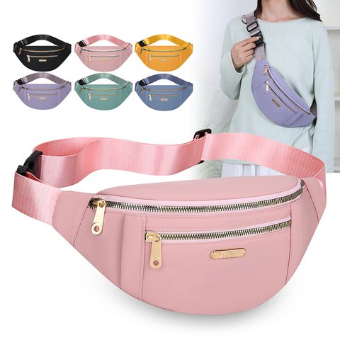 Pink nylon waist bag with two zips, shown with five other colours