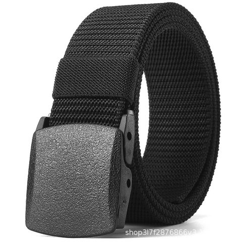 Black canvas belt with a grey plastic buckle