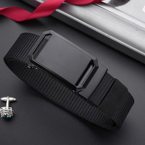 Black woven nylon belt with a flat iron buckle