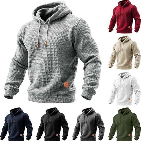 Grey waffle-knit hoodie with drawstrings and a small patch, shown with colour options