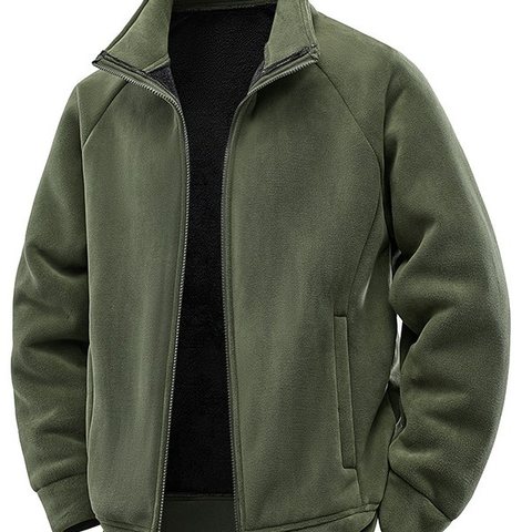 Olive green double-face fleece jacket with a stand collar and zip pockets
