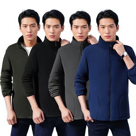 Four models wearing stand-collar zip fleece jackets in olive, black, grey and navy